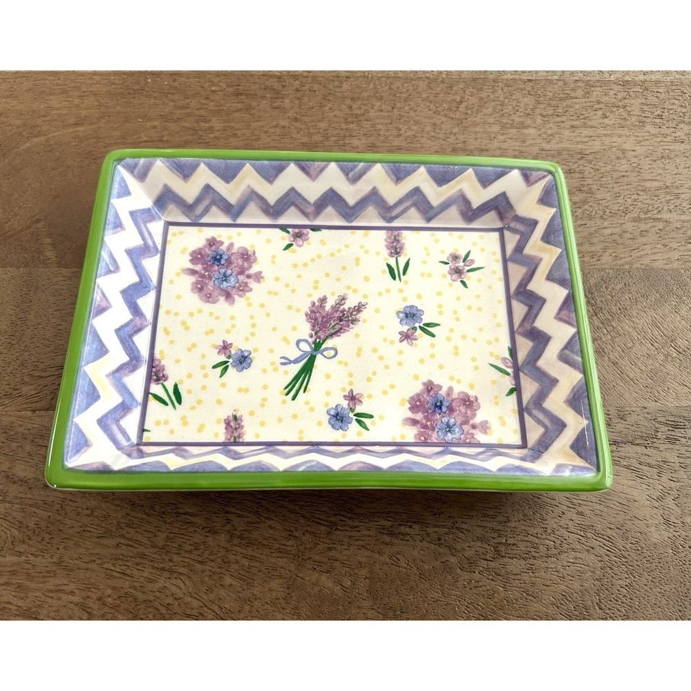 MacKenzie-Childs Trinket Tray Lavender Floral Zig‎ Zag Ceramic Vanity Catchall